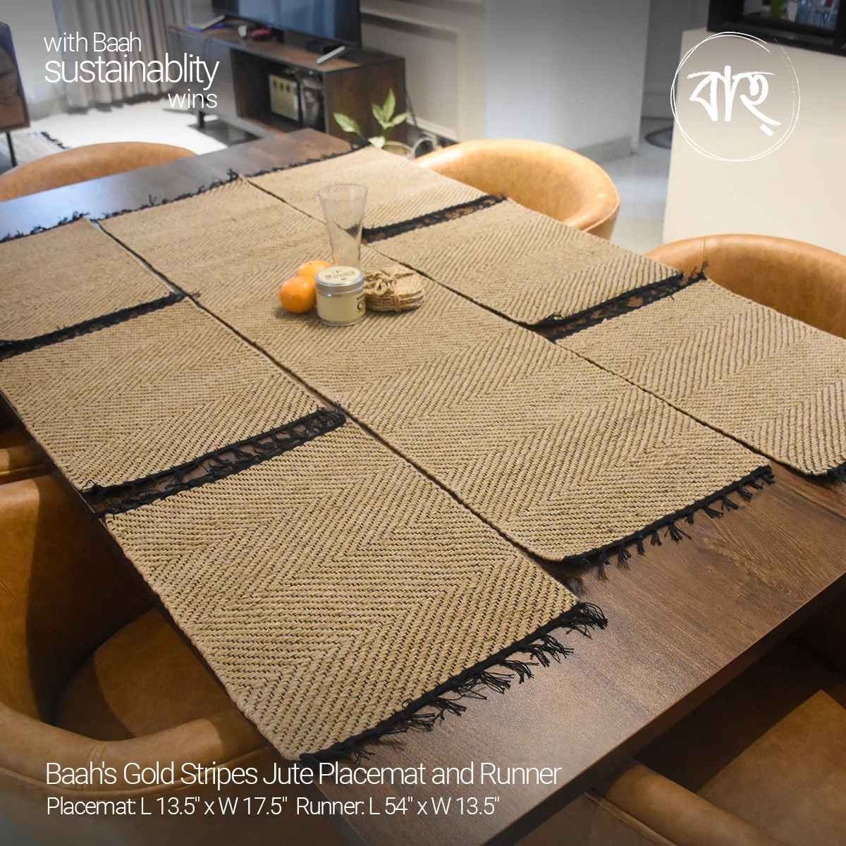Baah's Gold Stripes Jute Placemat and Runner (6Placemats & 1Runner)